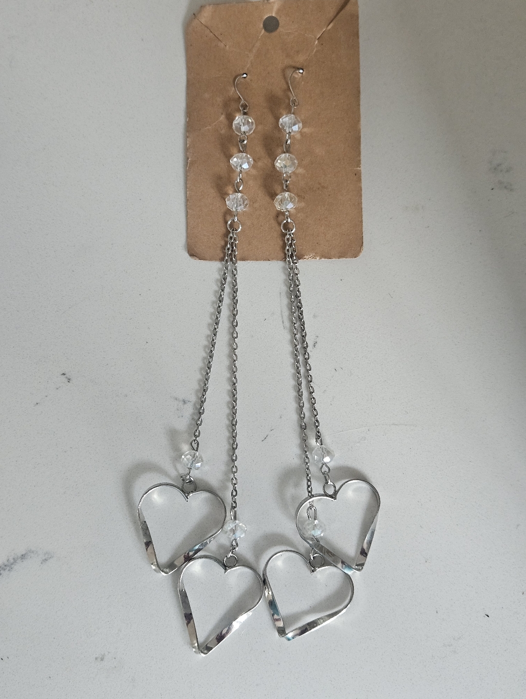 Vintage New Old Stock Crystal Heart Drop Earrings Clear/Silver 8"